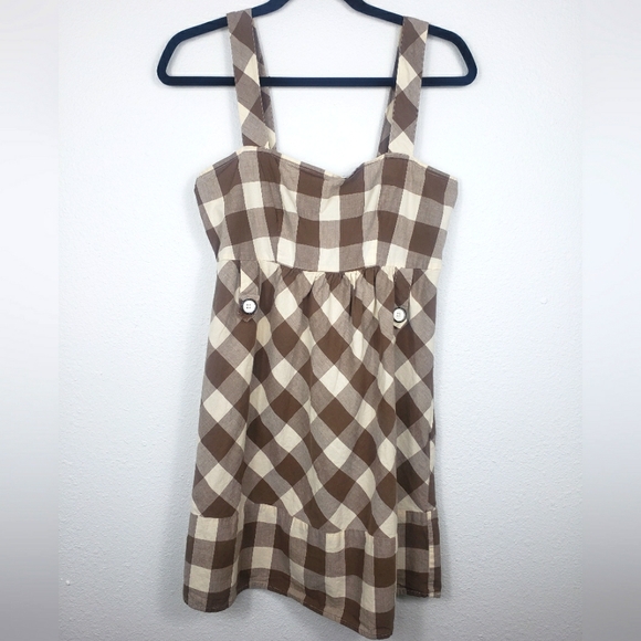 Vintage Y2K Delia's Brown & Cream Gingham Print Smocked Back Cotton Dress Medium - Picture 1 of 6